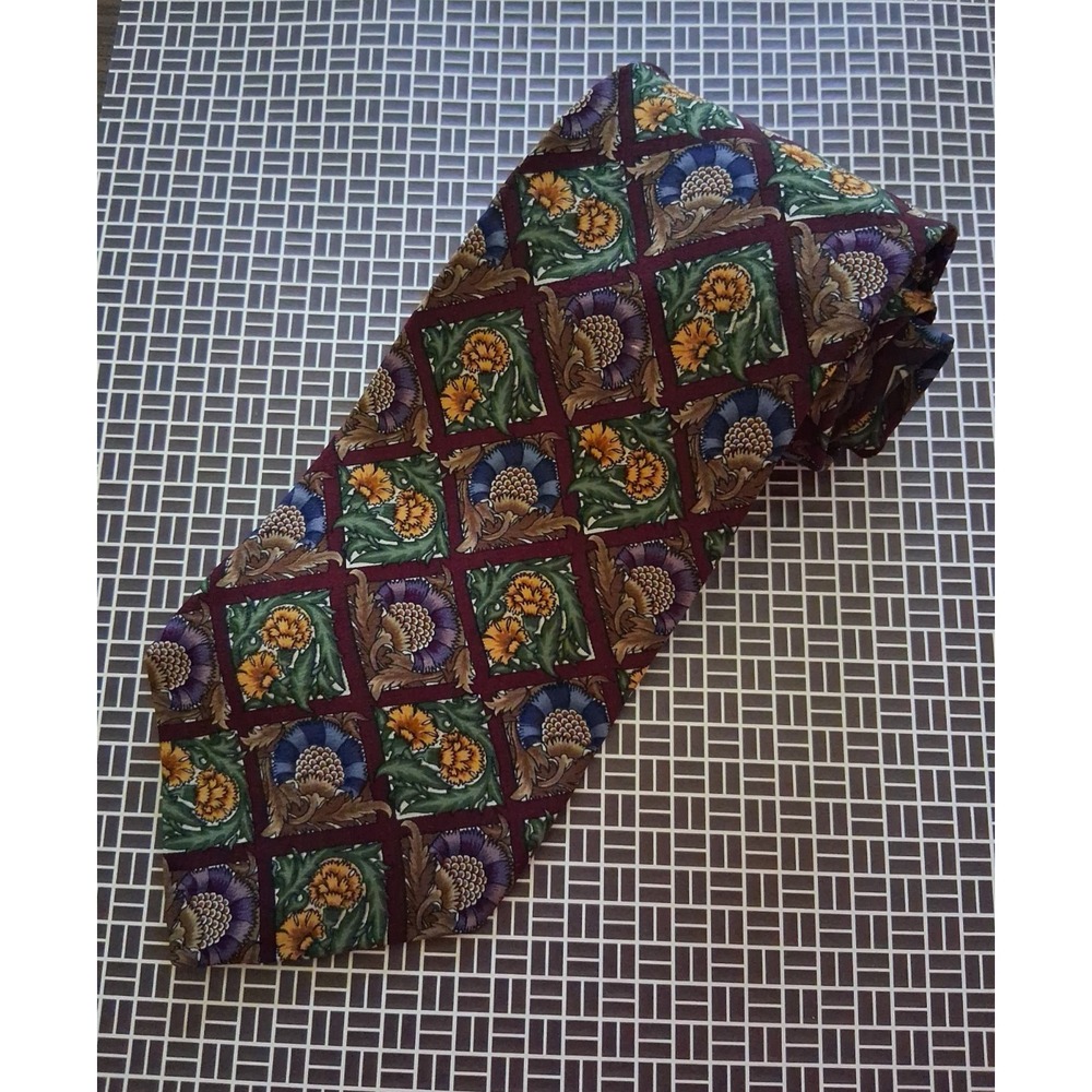 UNICEF Silk Necktie 58"× 4" Burgundy Green Blue Taupe Floral Ceramic Tiles